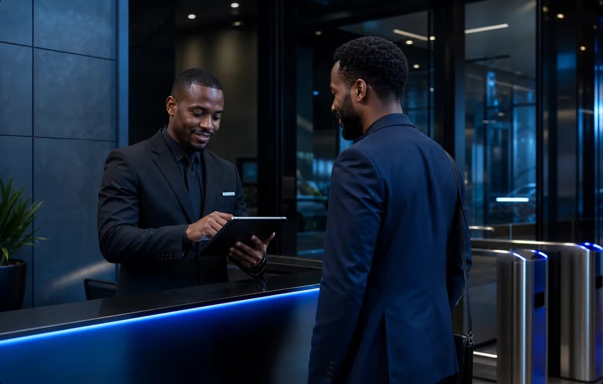 Black reception officer checking in a visitor with Entrada