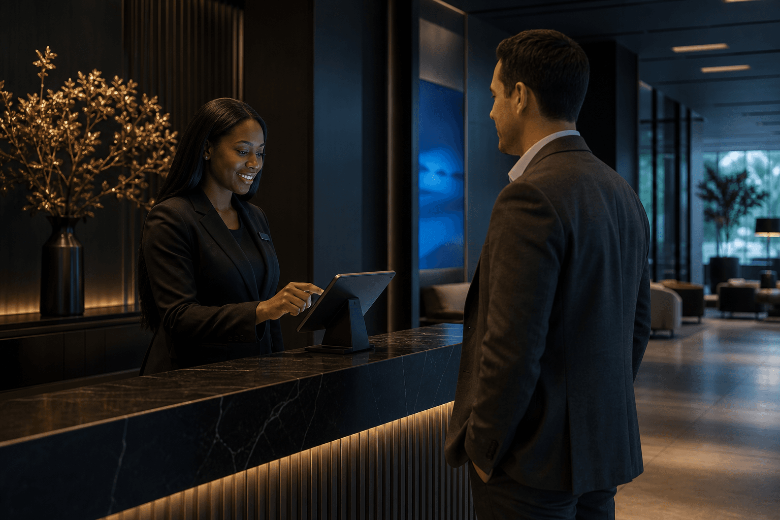 Black reception officer using a tablet for visitor check-in
