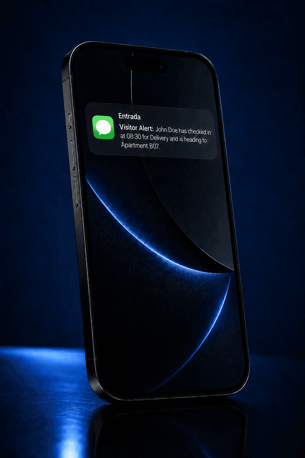 Premium smartphone notification showing an Entrada host alert for a visitor check-in
